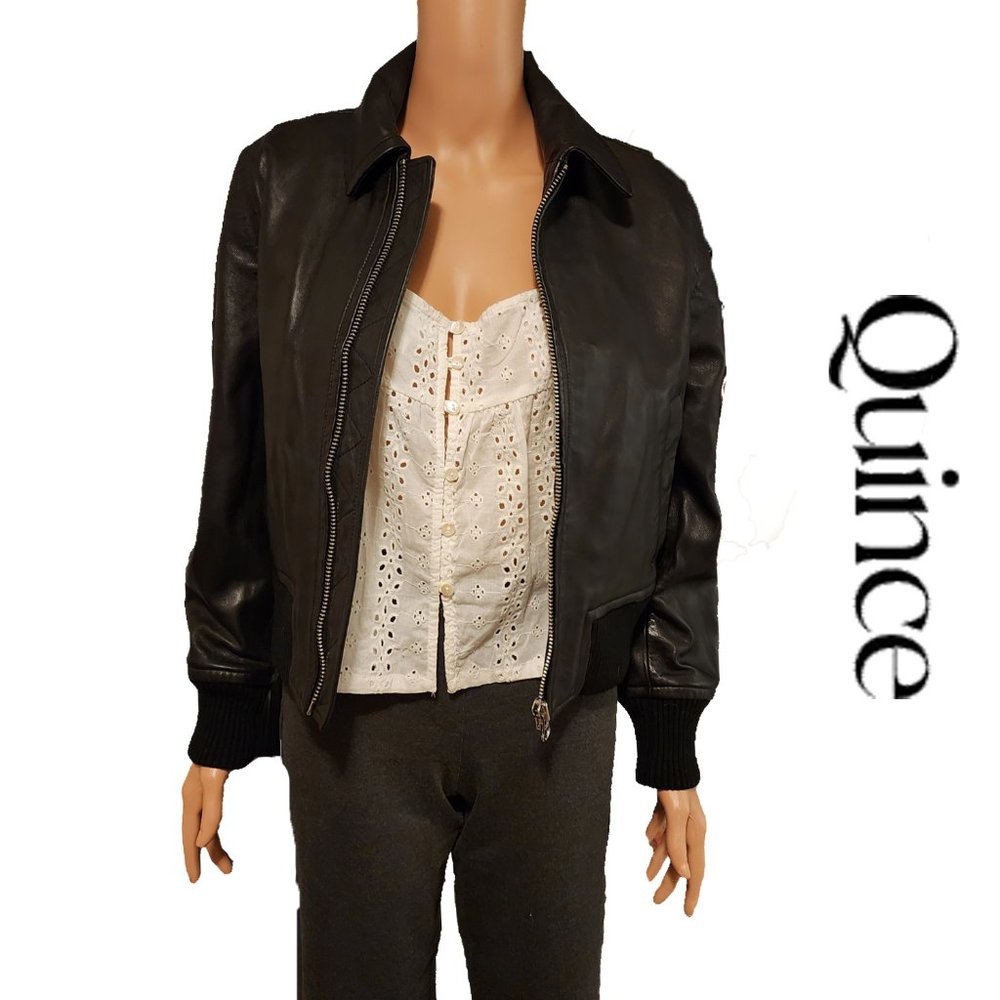 Quince Black Leather Bomber Jacket